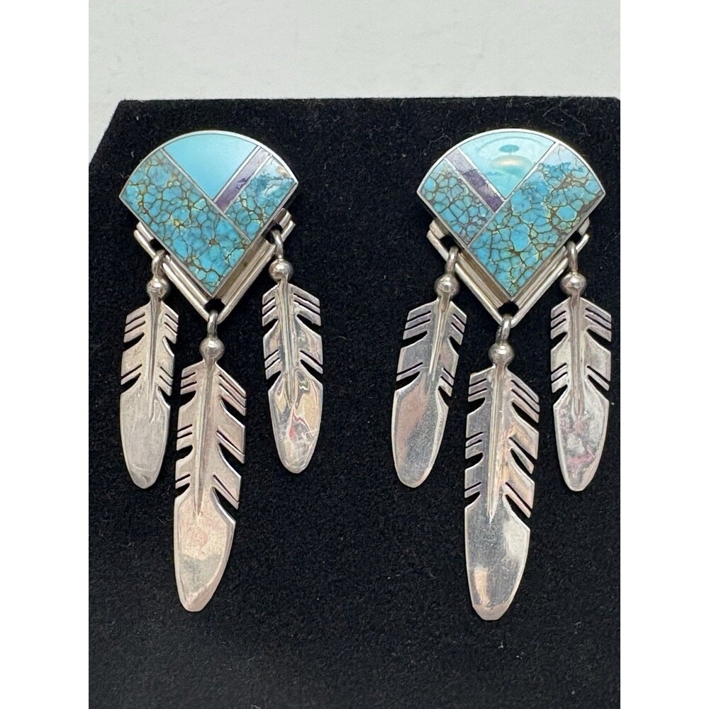 Vintage Ray Tracey Knifewing Navajo Feather Sterling Silver, Turquoise Earrings
